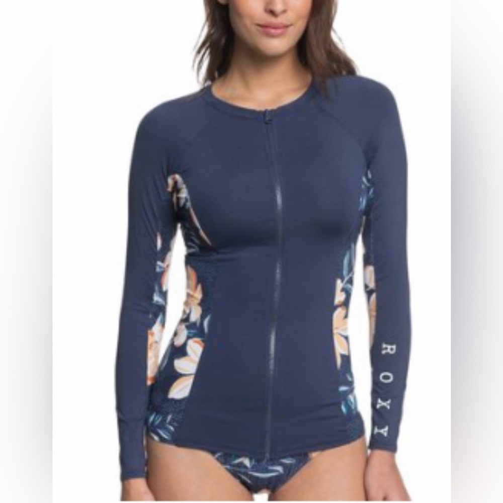 Roxy Women's Navy and Orange Floral Rash-guard surf shirt